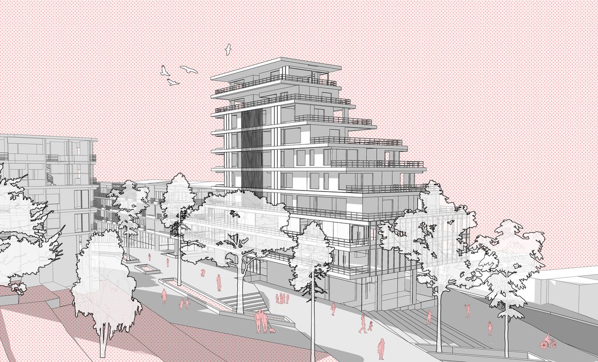 Perspectiva dibujada de la torre escalonada de Eco-Enlace sobre la ladera
