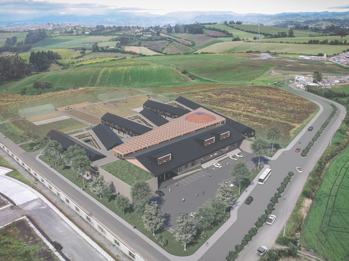 Vista aérea del conjunto en el paisaje agrícola de Ipiales