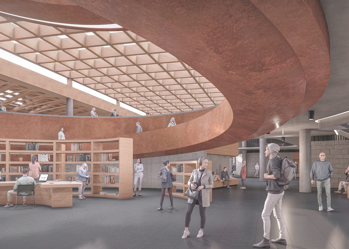 Biblioteca circular con estanterías bajas y lucernario