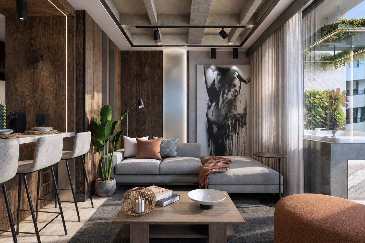 Sala del apartamento Urban Studios con muros de madera y una escultura al fondo